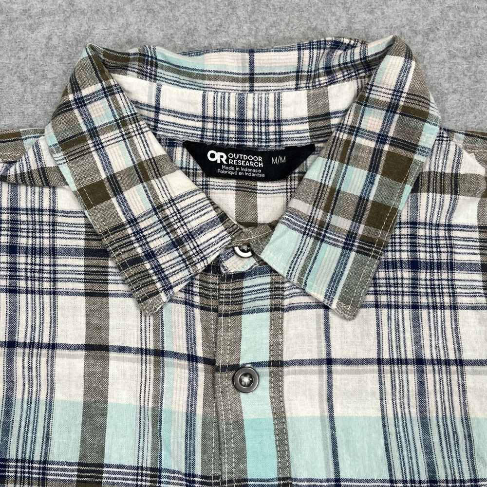 Outdoor Research Weisse Shirt Mens M Teal Brown Plaid Short Sleeve Button Hemp - Picture 8 of 12